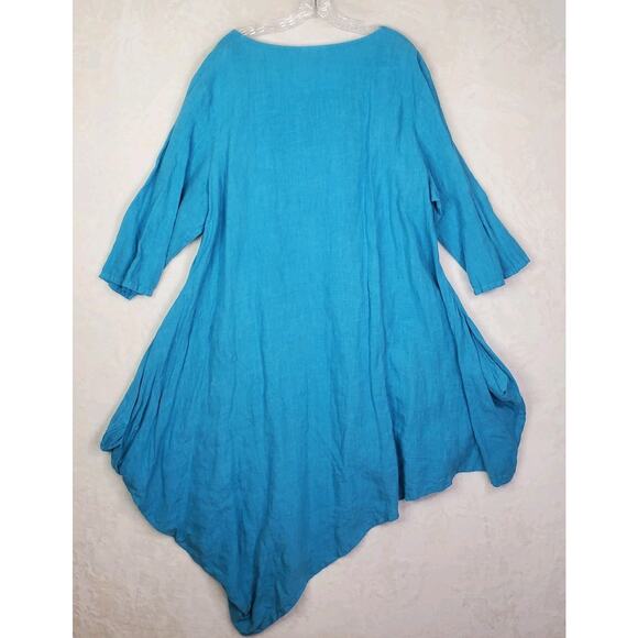 Bryn Walker Dress 1X Blue Linen Asymmetrical 3/4 Sleeve Lagenlook USA Made Flowy - Picture 6 of 7